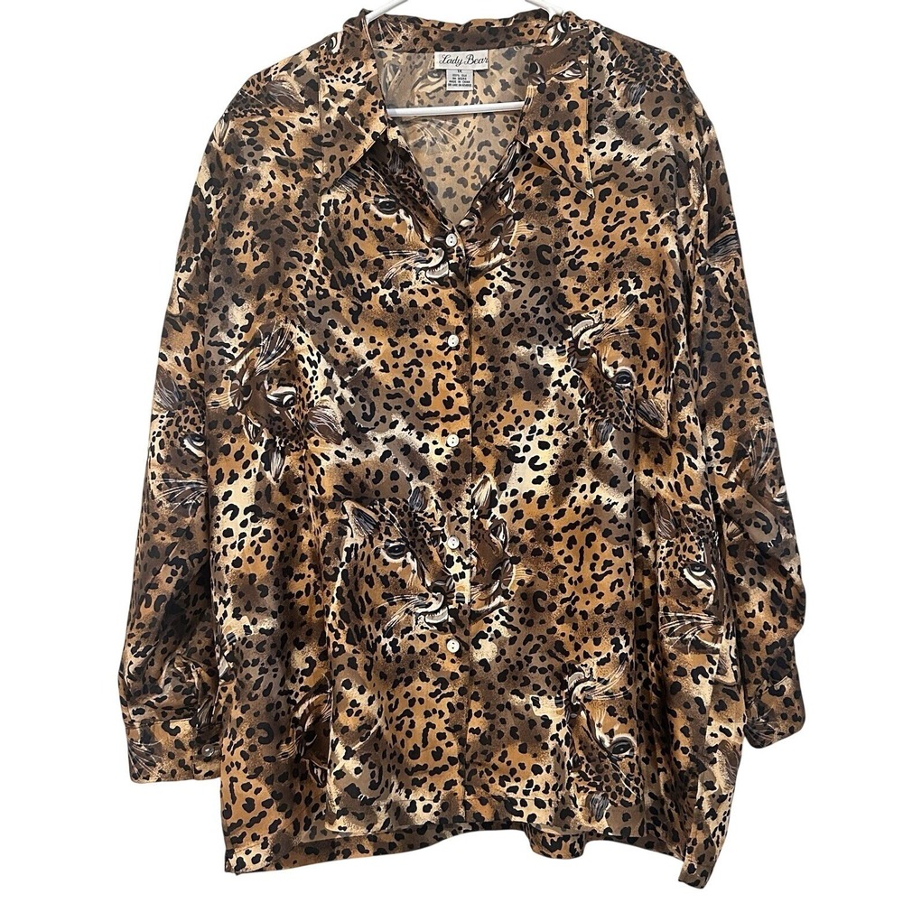Vtg 100% Silk Leopard Print Blouse Womens Sz 1X Long Sleeve Animal Button Up